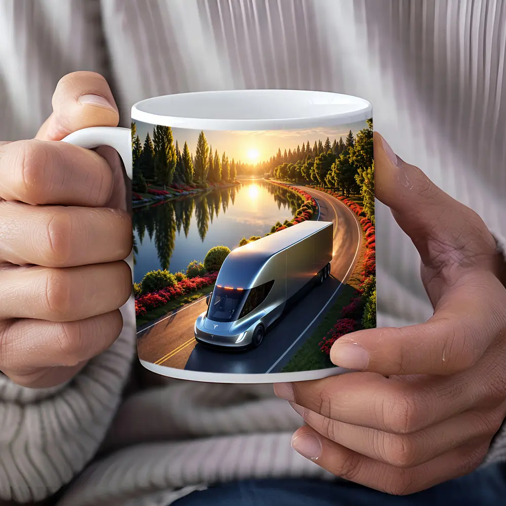 Tesla Semi Truck Driving by Sunset Lake – Mugs