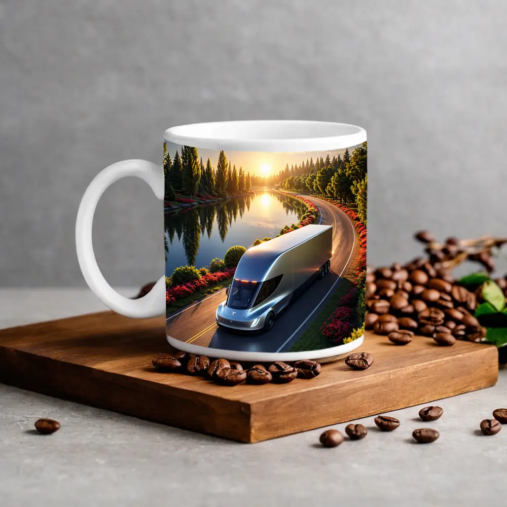 Tesla Semi Truck Driving by Sunset Lake – Mugs