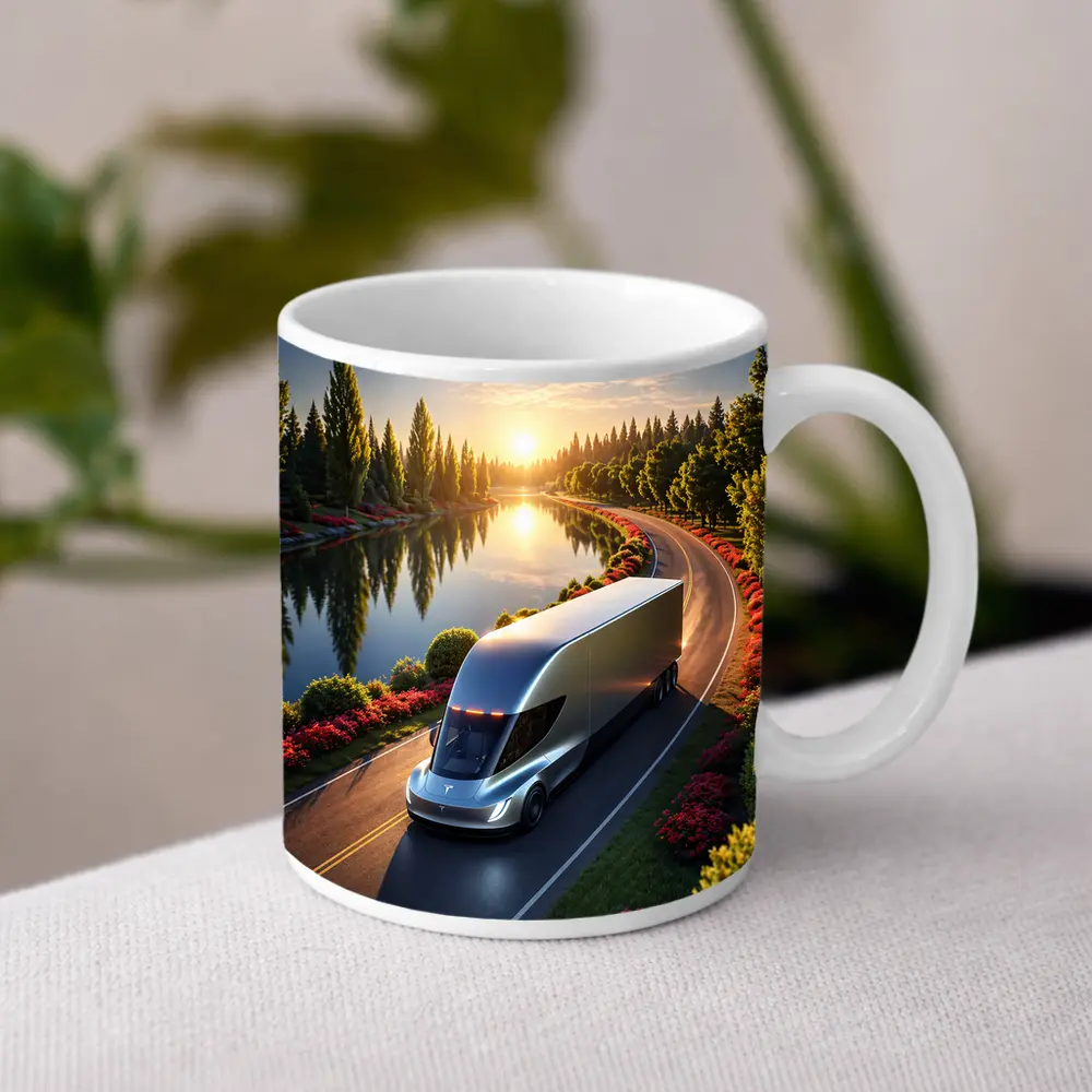 Tesla Semi Truck Driving by Sunset Lake – Mugs