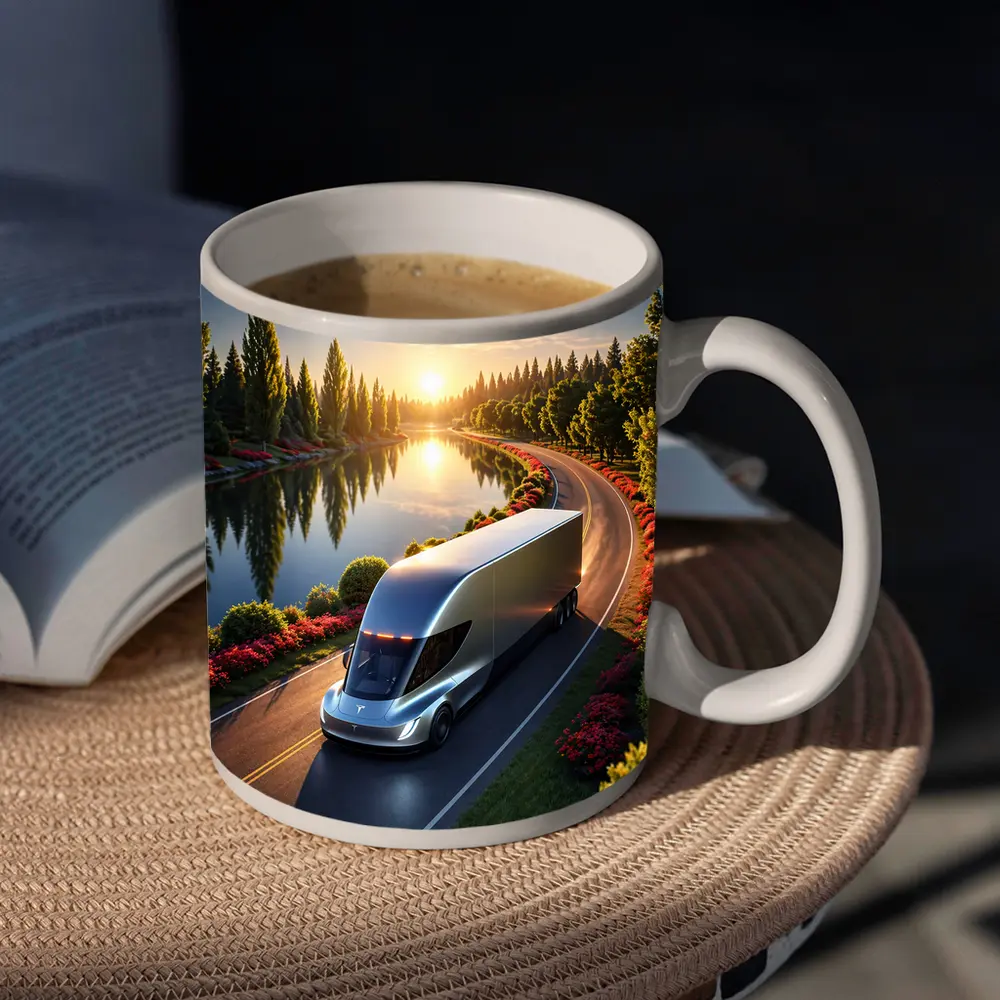 Tesla Semi Truck Driving by Sunset Lake – Mugs