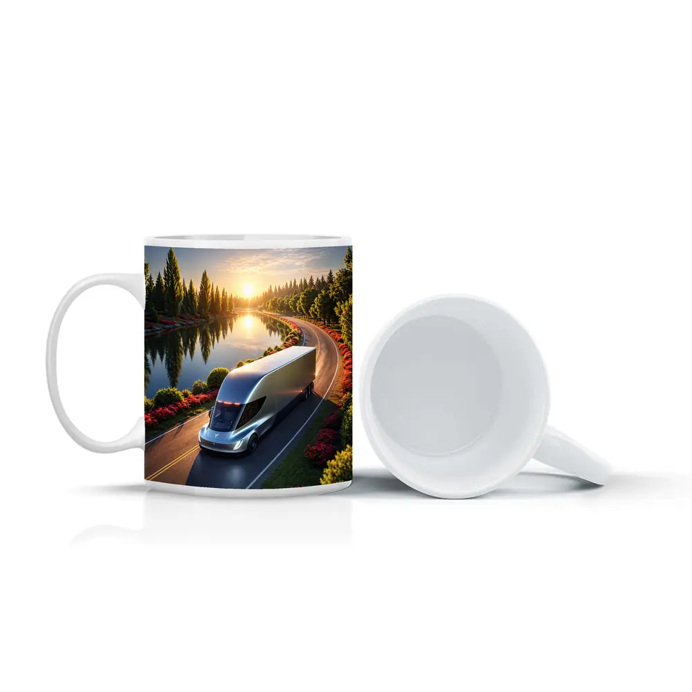 Tesla Semi Truck Driving by Sunset Lake – Mugs