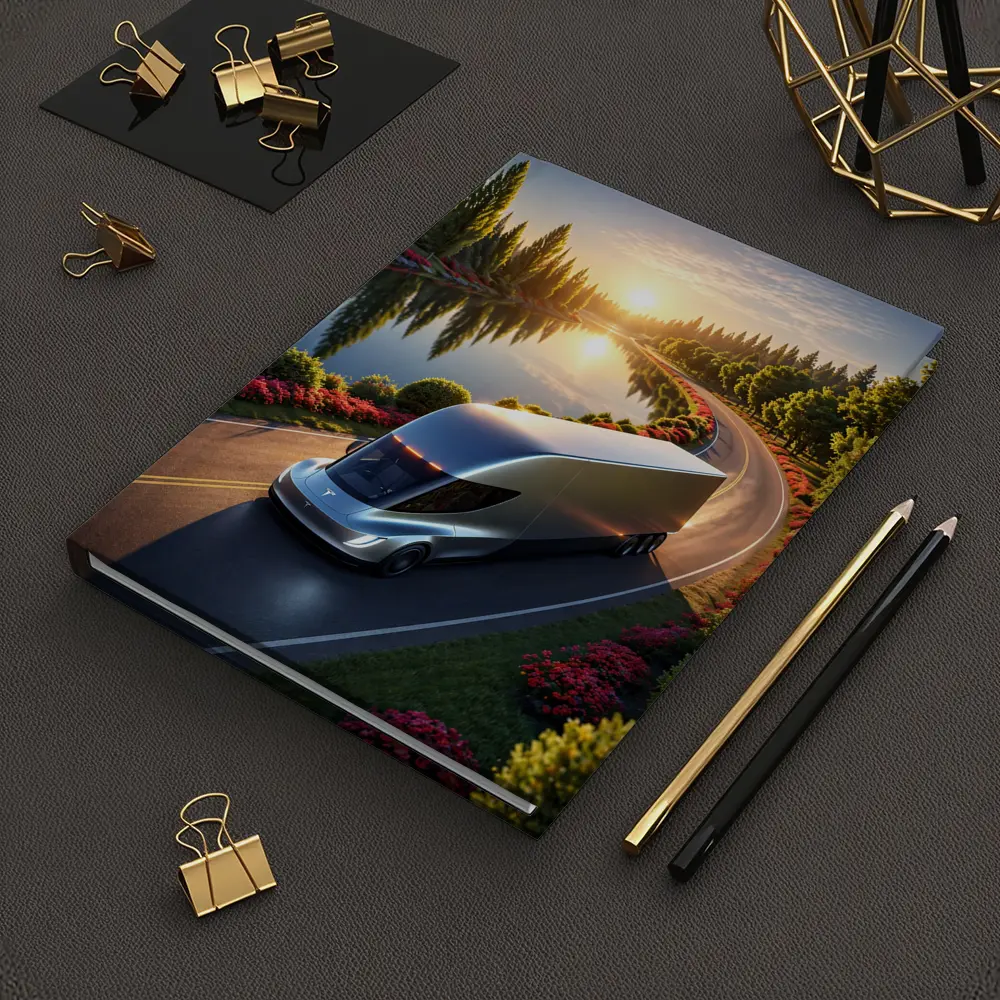 Tesla Semi Truck Driving by Sunset Lake – Notebooks