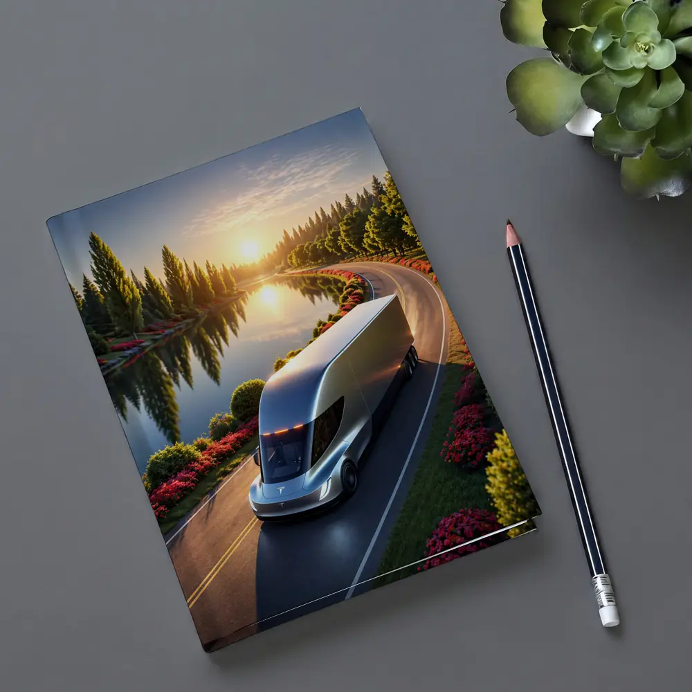 Tesla Semi Truck Driving by Sunset Lake – Notebooks