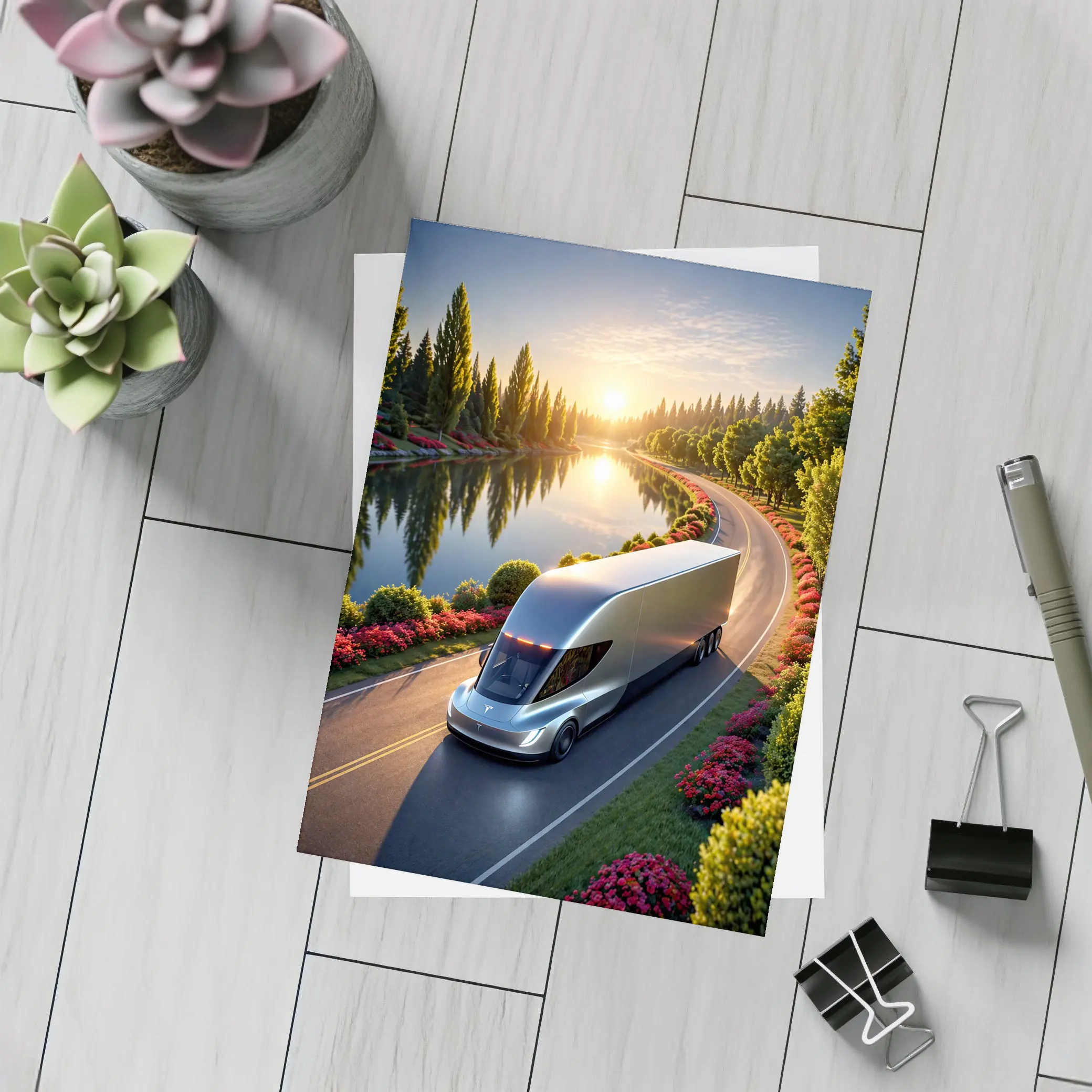 Tesla Semi Truck Driving by Sunset Lake – Postcards