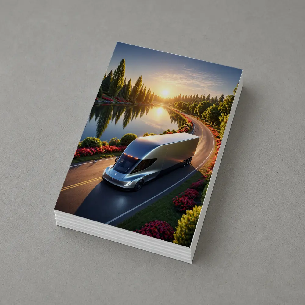 Tesla Semi Truck Driving by Sunset Lake – Postcards