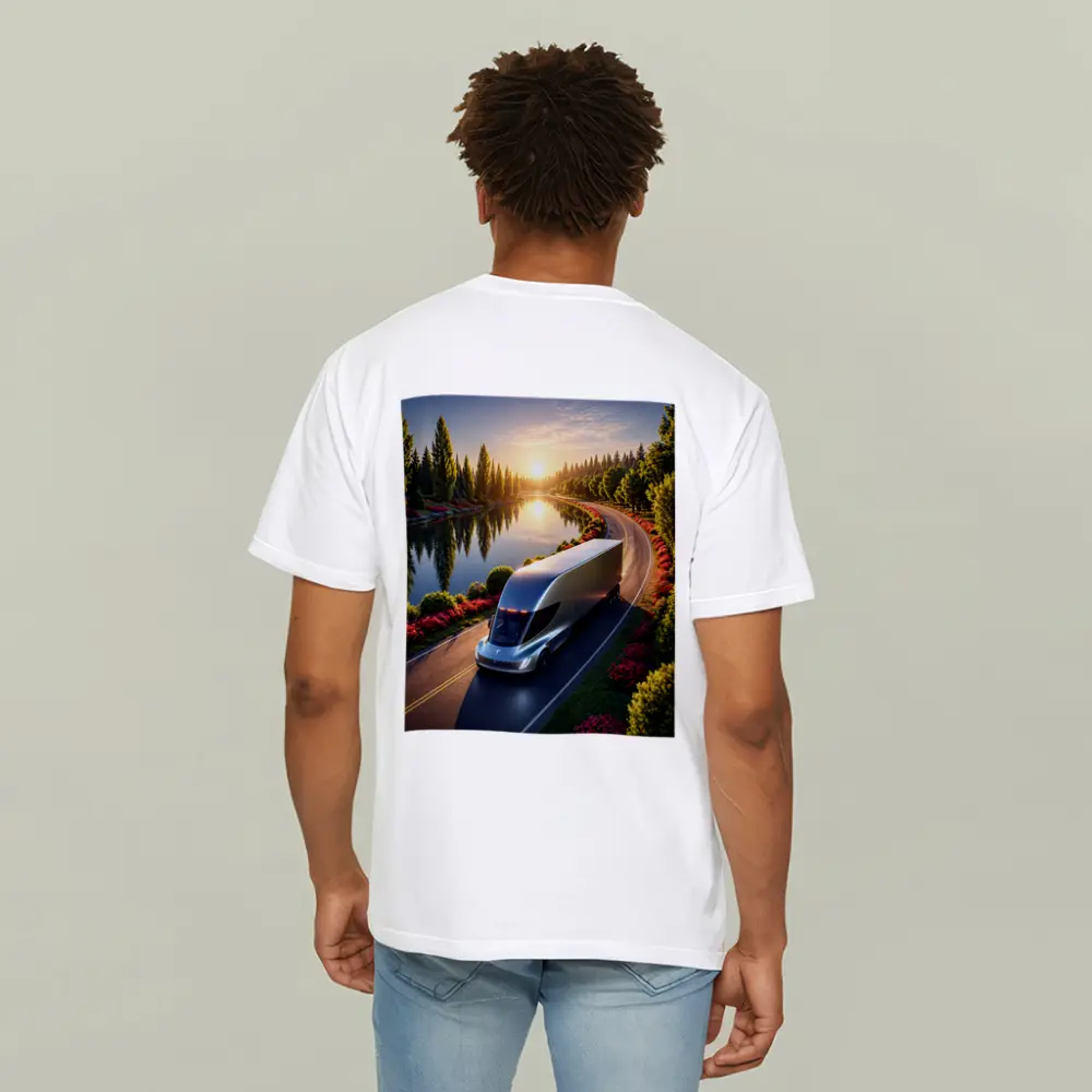 Tesla Semi Truck Driving by Sunset Lake – T-Shirts