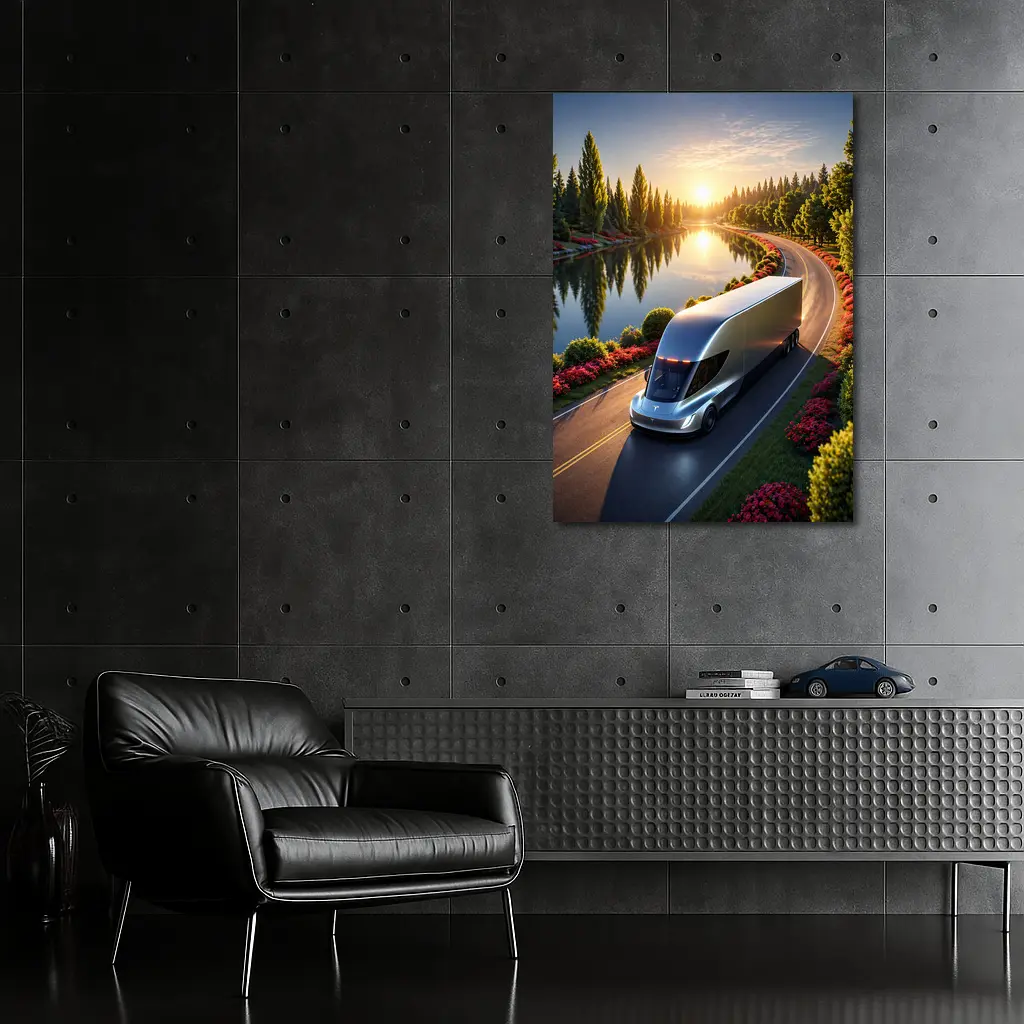 Tesla Semi Truck Driving by Sunset Lake – Wall Art