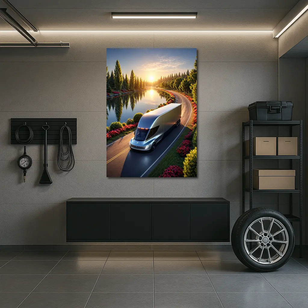 Tesla Semi Truck Driving by Sunset Lake – Wall Art
