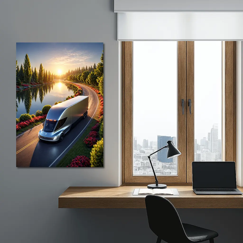 Tesla Semi Truck Driving by Sunset Lake – Wall Art