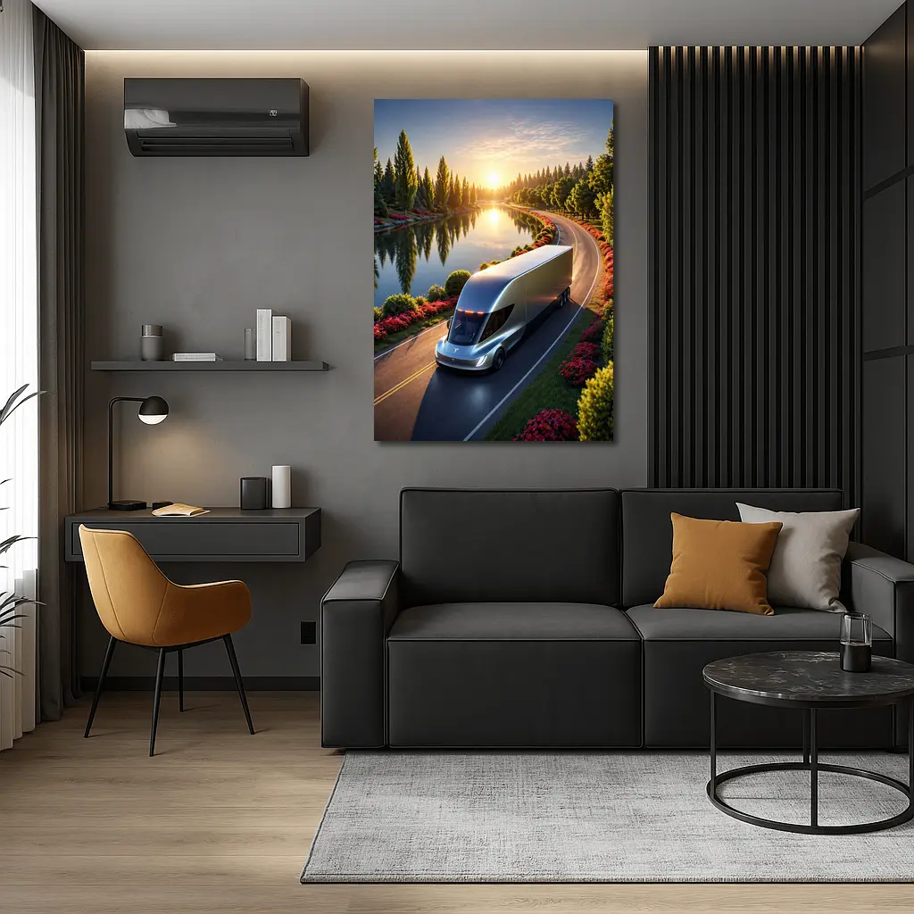 Tesla Semi Truck Driving by Sunset Lake – Wall Art