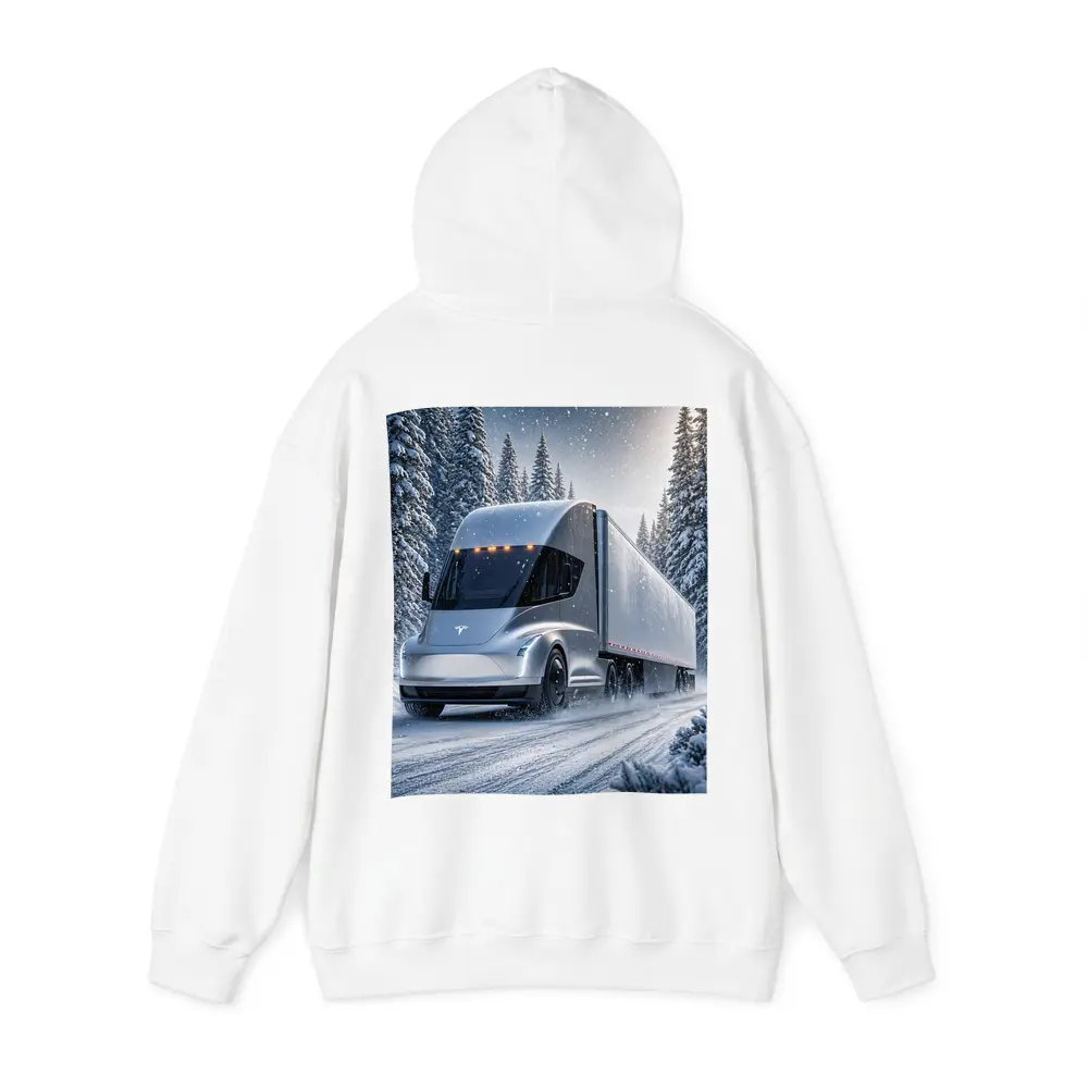 Tesla Semi Truck Driving Through Winter Snow – Hoodies