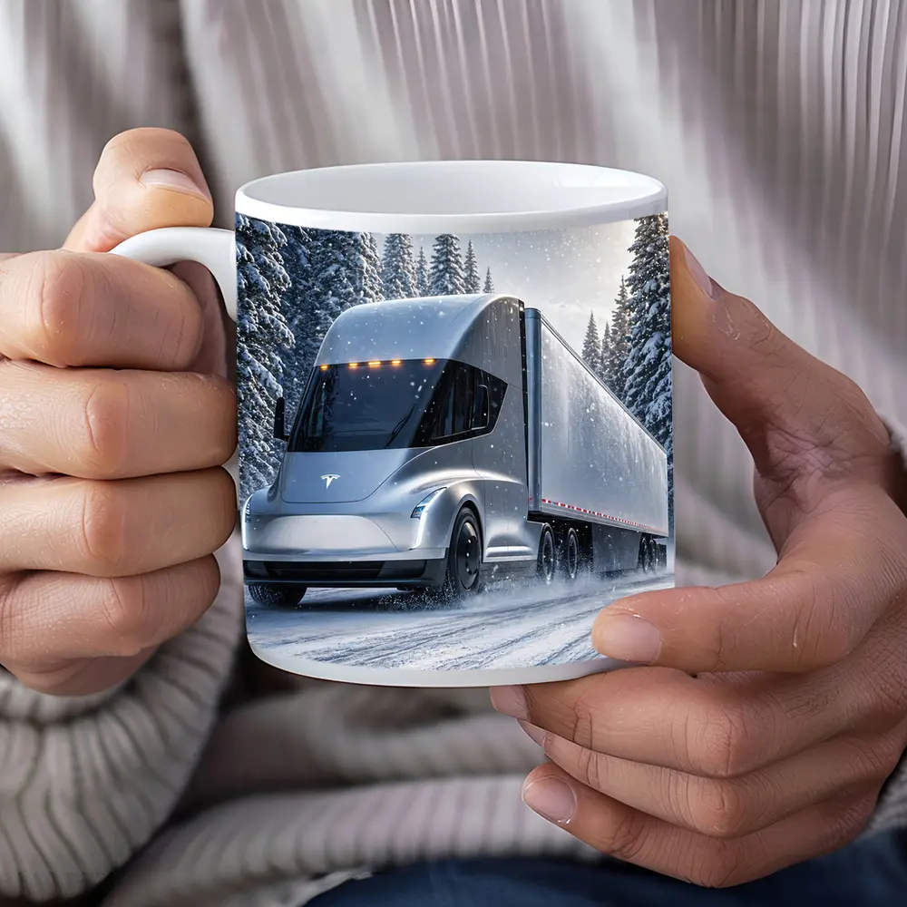 Tesla Semi Truck Driving Through Winter Snow – Mugs