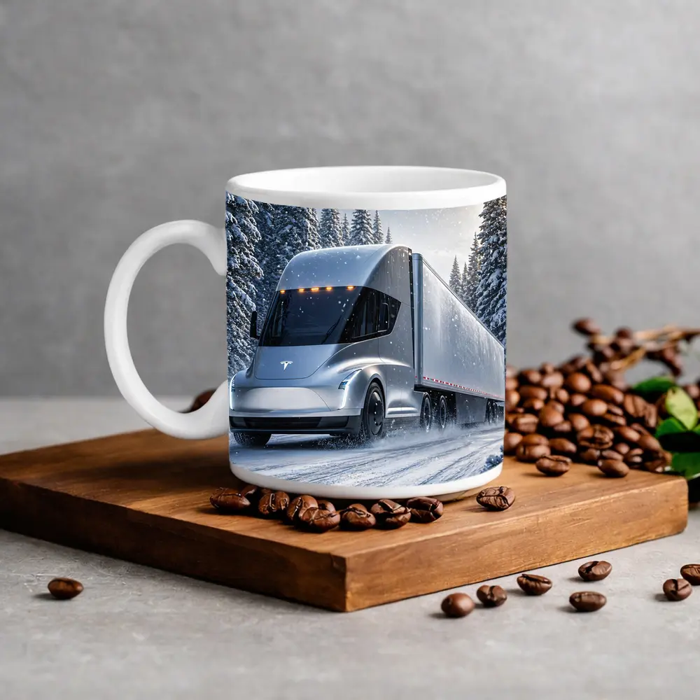 Tesla Semi Truck Driving Through Winter Snow – Mugs