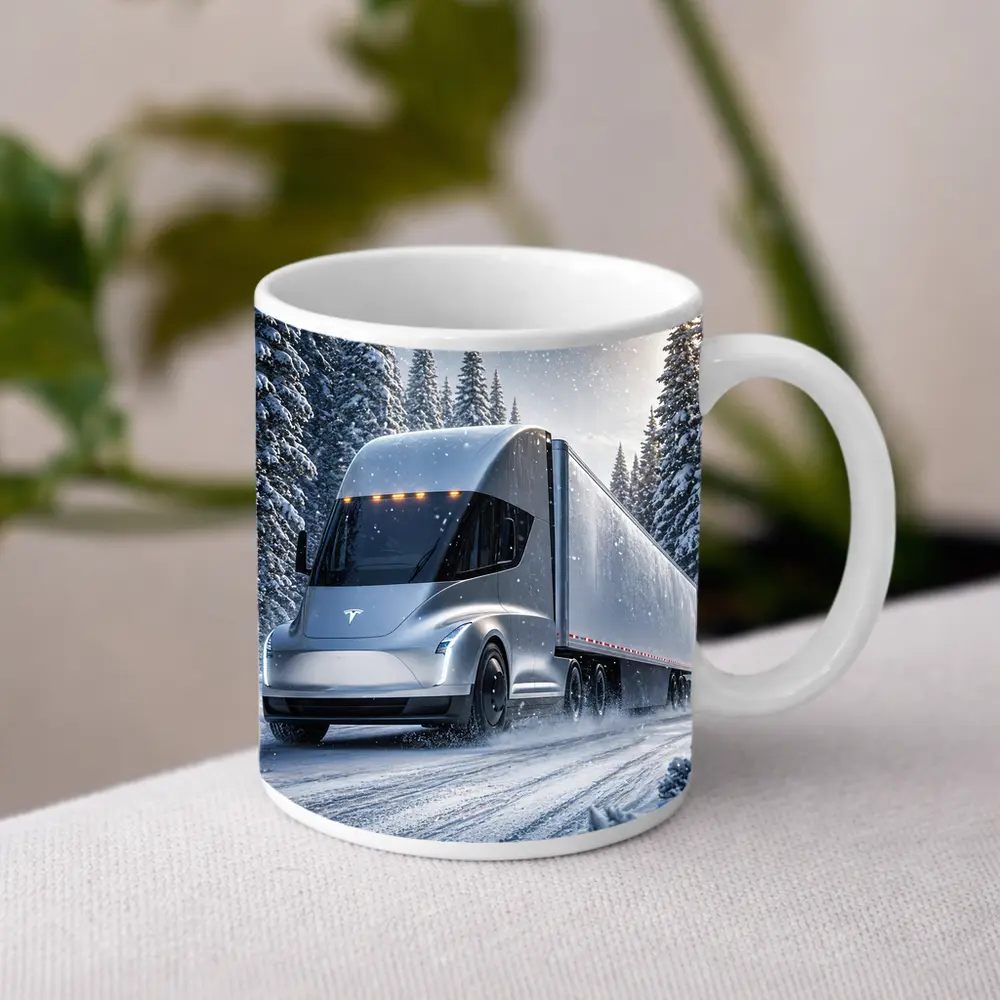 Tesla Semi Truck Driving Through Winter Snow – Mugs