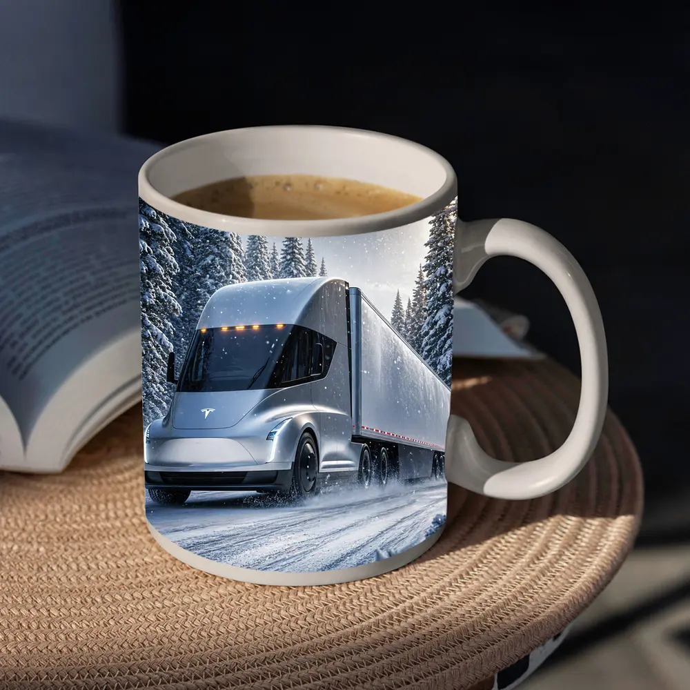 Tesla Semi Truck Driving Through Winter Snow – Mugs