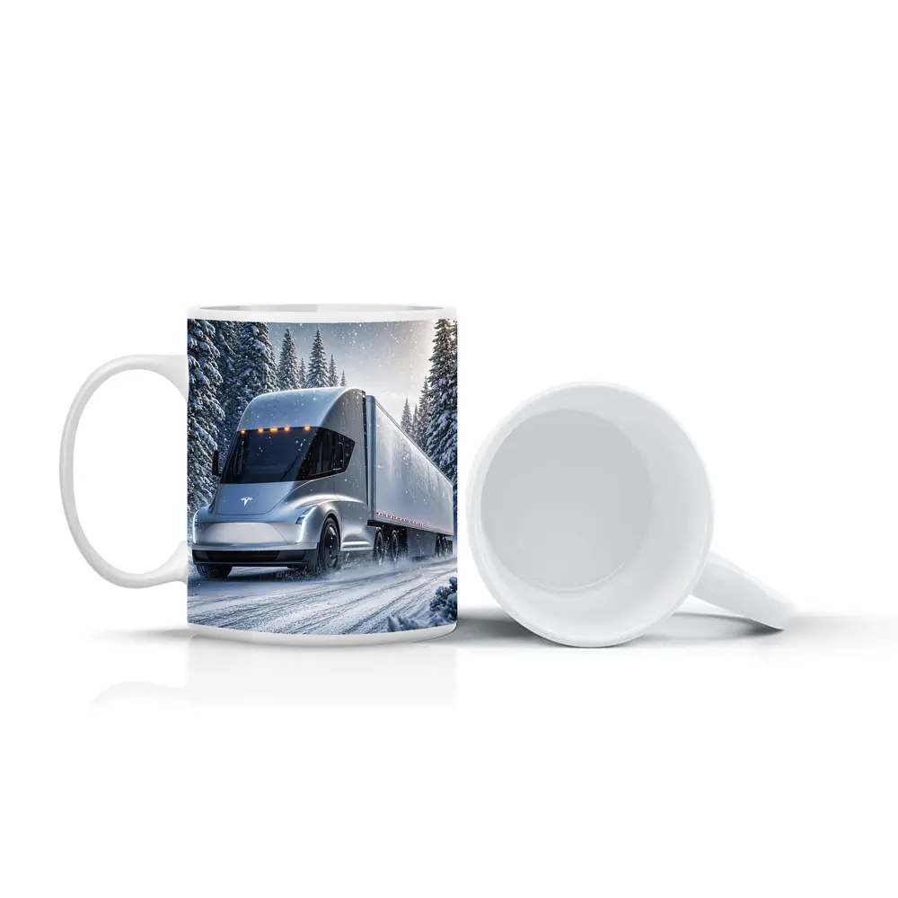 Tesla Semi Truck Driving Through Winter Snow – Mugs