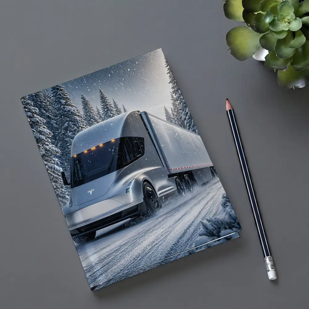 Tesla Semi Truck Driving Through Winter Snow – Notebooks