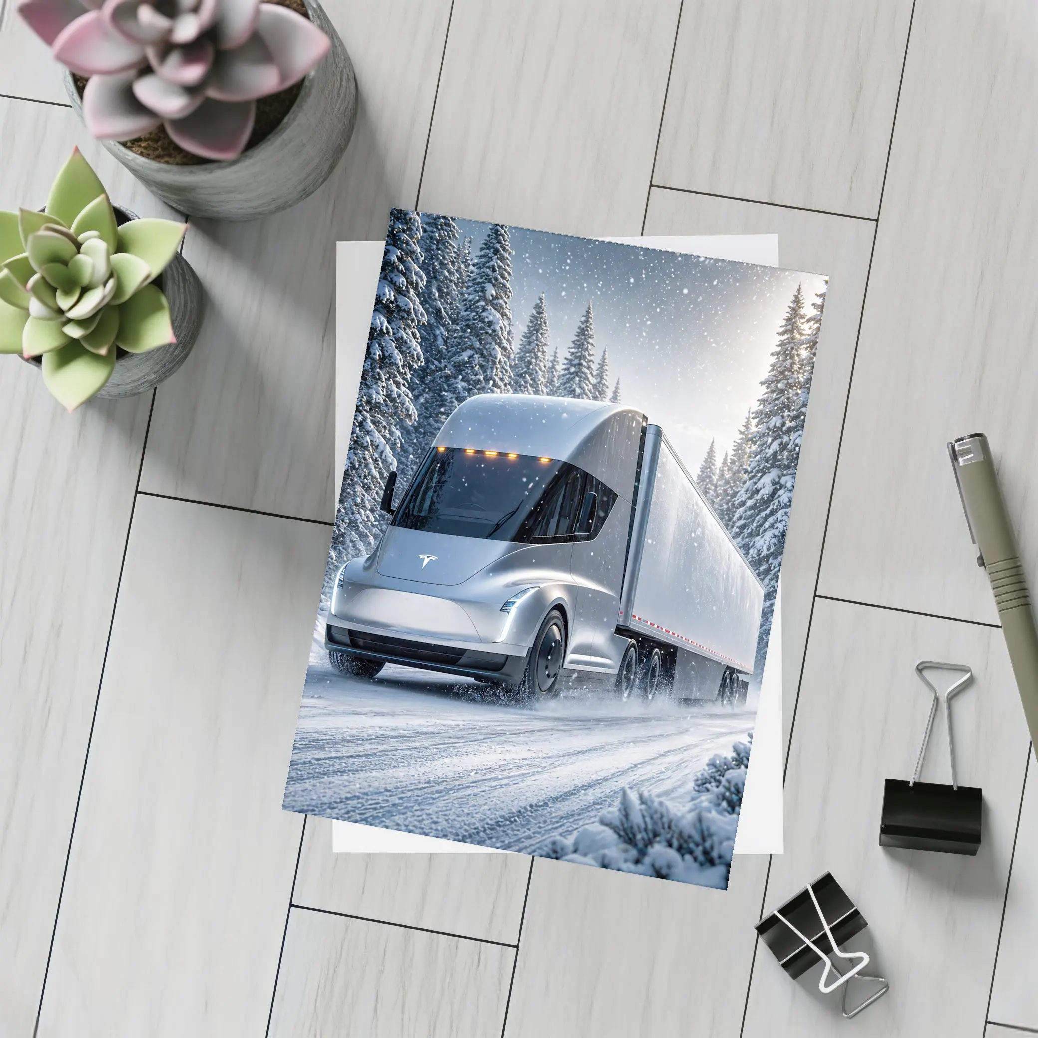 Tesla Semi Truck Driving Through Winter Snow – Postcards