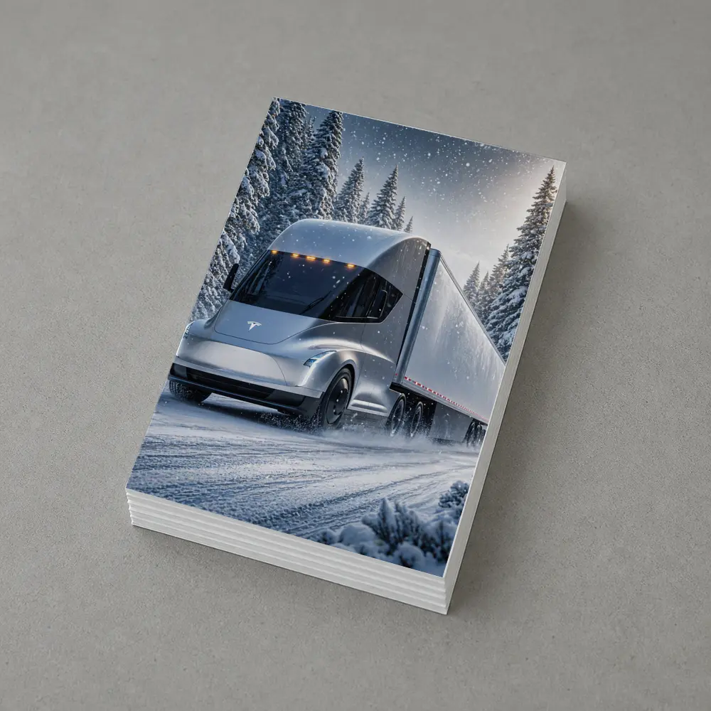 Tesla Semi Truck Driving Through Winter Snow – Postcards