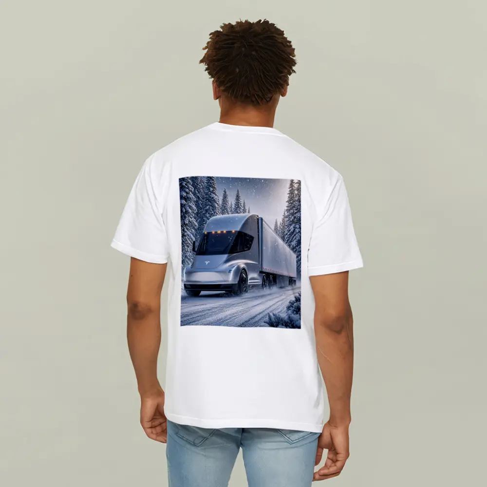 Tesla Semi Truck Driving Through Winter Snow – T-Shirts