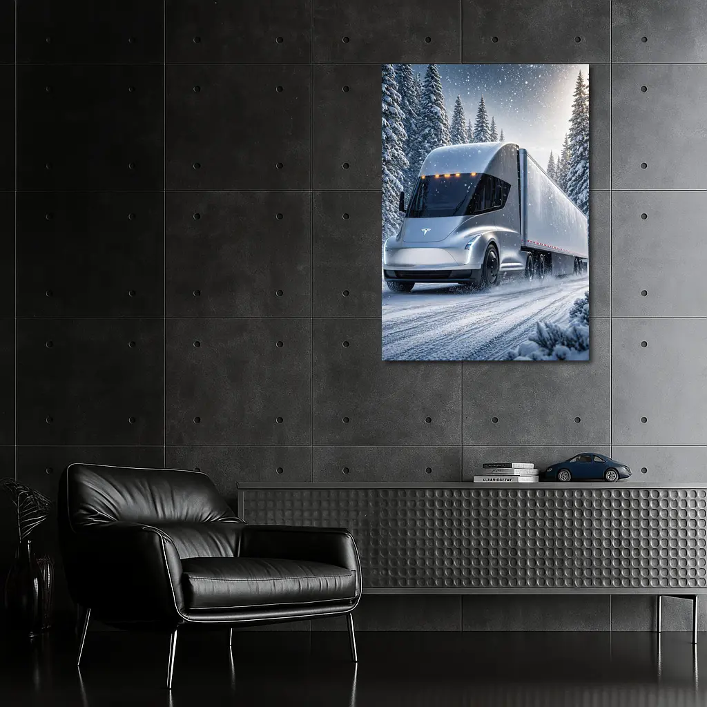 Tesla Semi Truck Driving Through Winter Snow – Wall Art