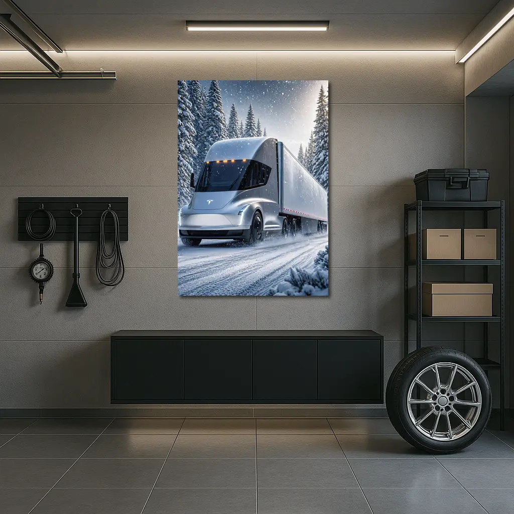 Tesla Semi Truck Driving Through Winter Snow – Wall Art