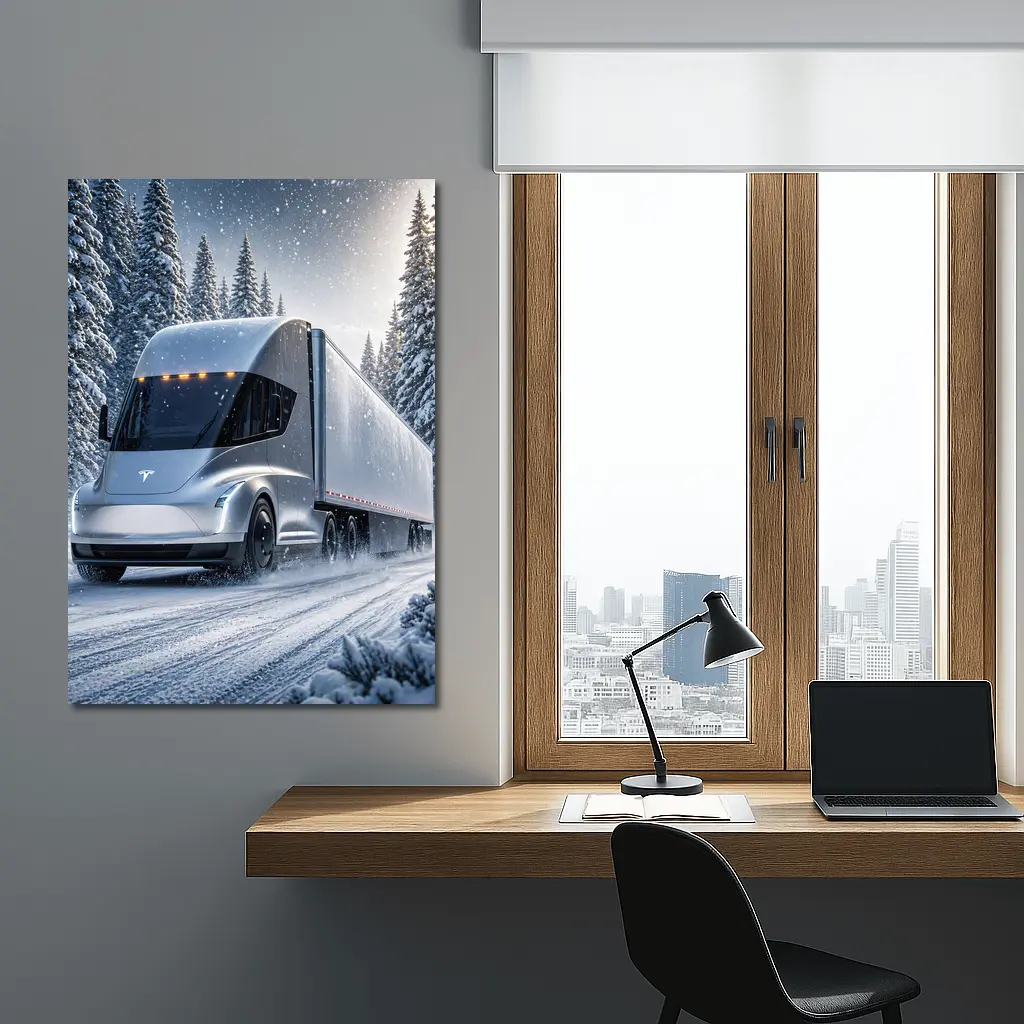 Tesla Semi Truck Driving Through Winter Snow – Wall Art