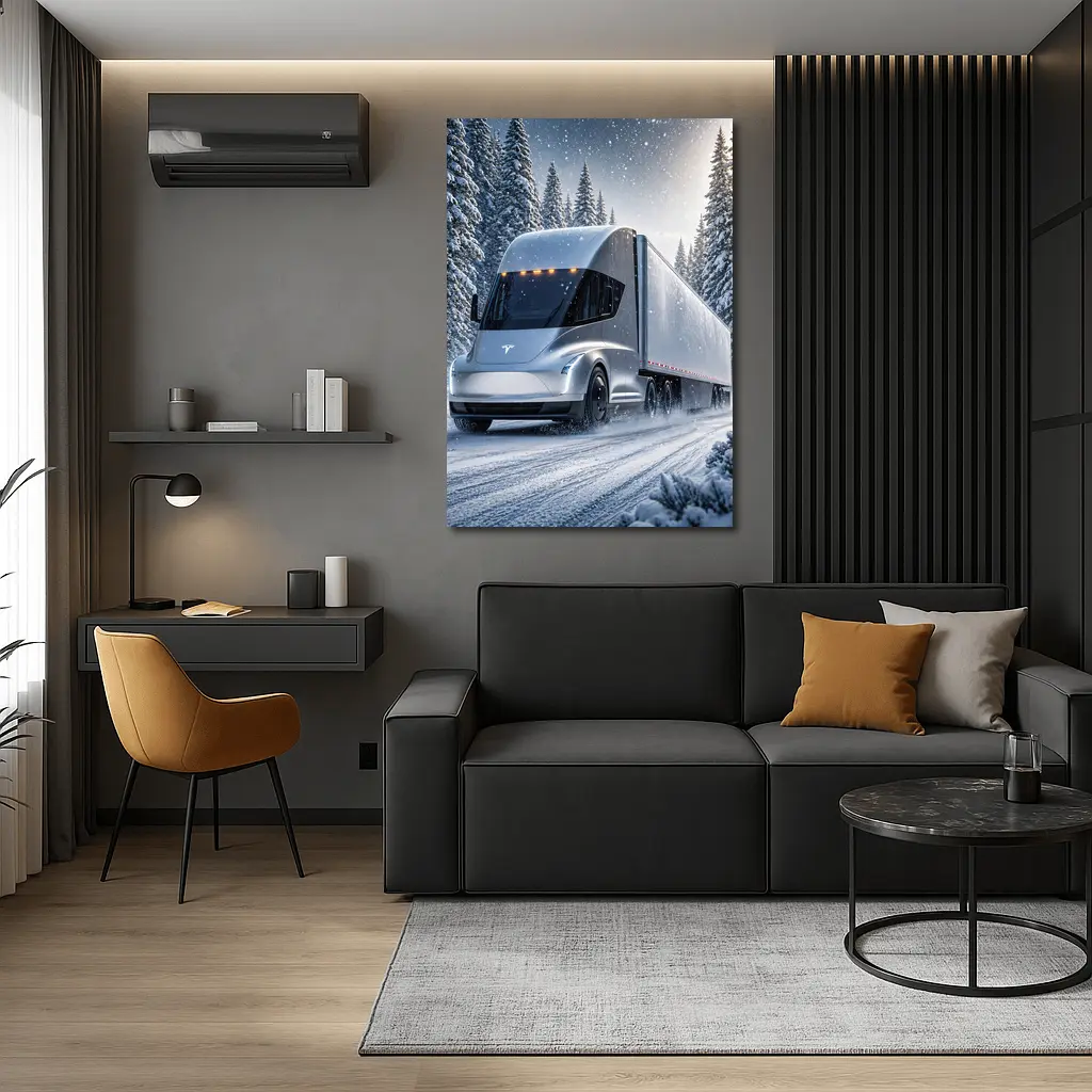 Tesla Semi Truck Driving Through Winter Snow – Wall Art
