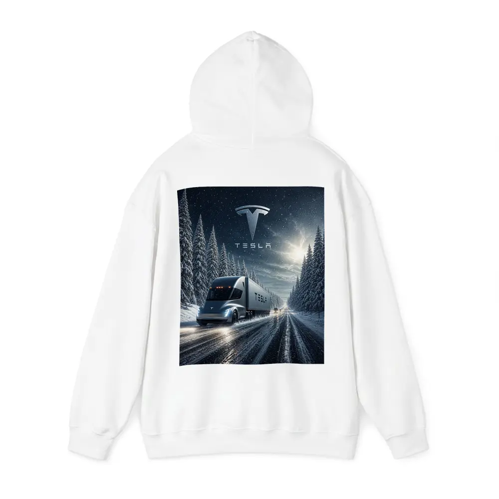 Tesla Semi Truck Driving Snowy Winter Road – Hoodies