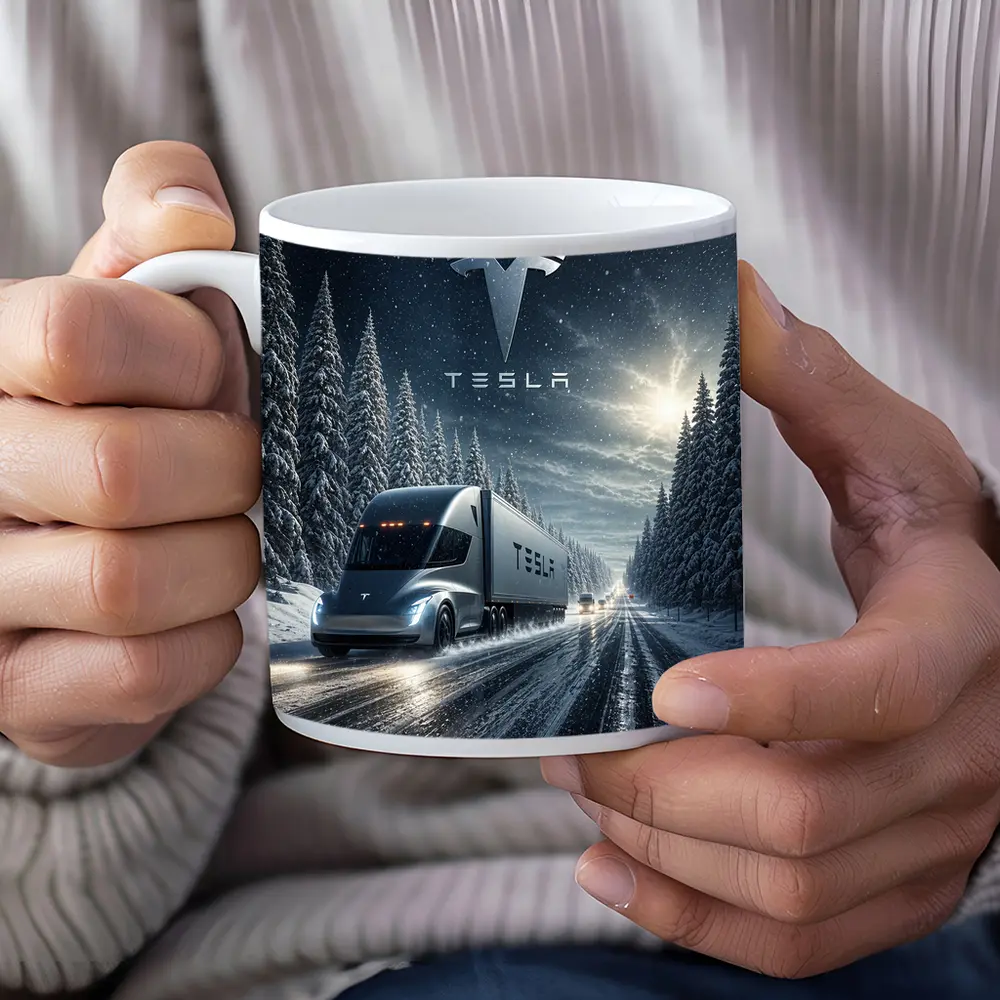 Tesla Semi Truck Driving Snowy Winter Road – Mugs