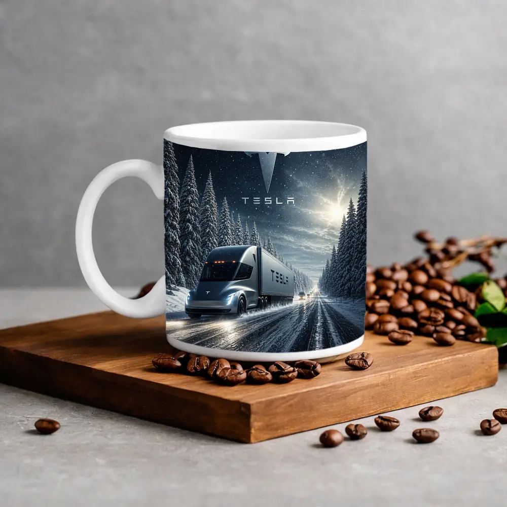 Tesla Semi Truck Driving Snowy Winter Road – Mugs