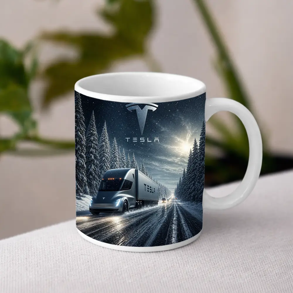 Tesla Semi Truck Driving Snowy Winter Road – Mugs