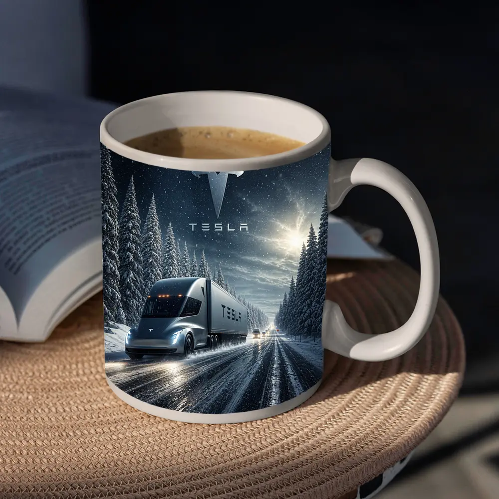 Tesla Semi Truck Driving Snowy Winter Road – Mugs