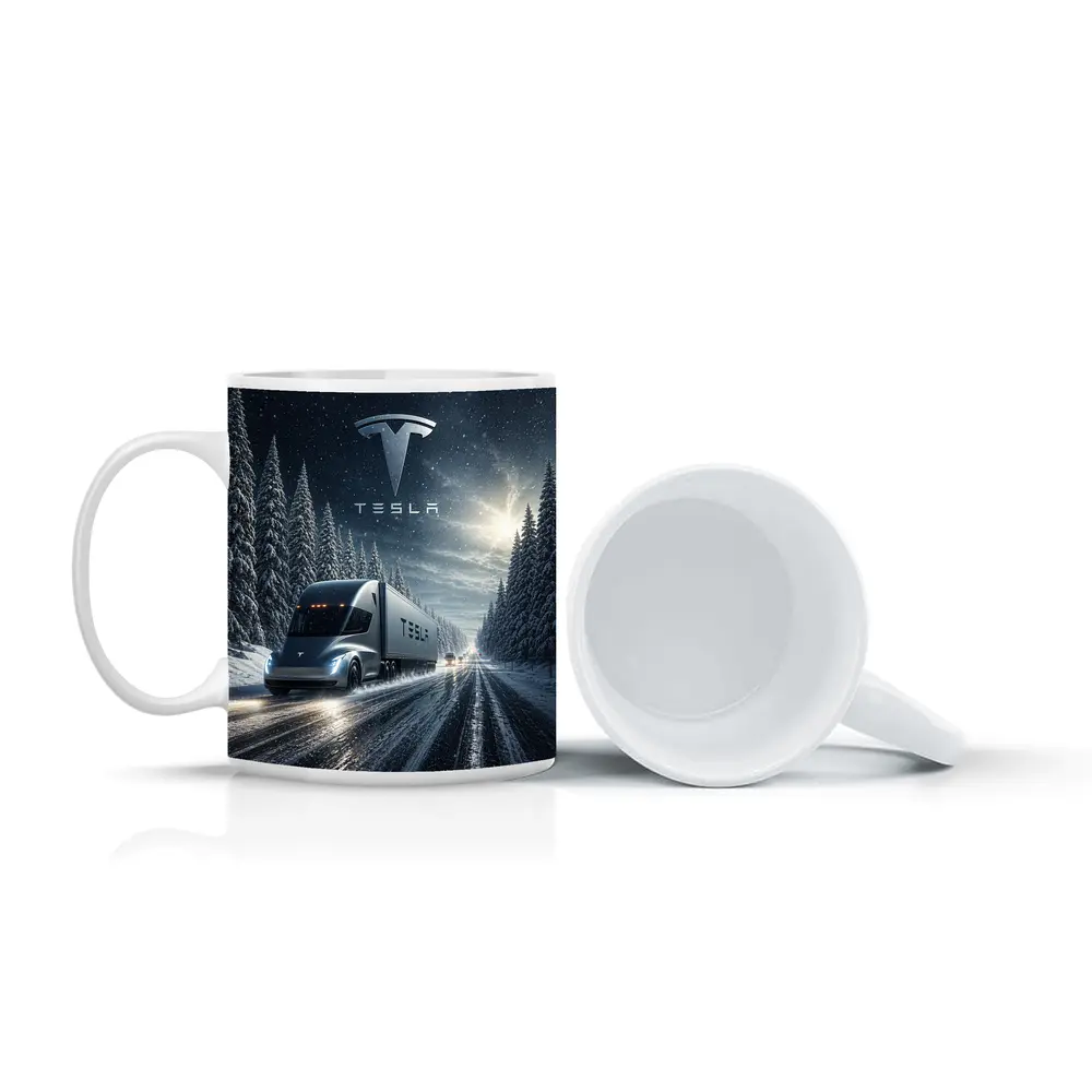 Tesla Semi Truck Driving Snowy Winter Road – Mugs
