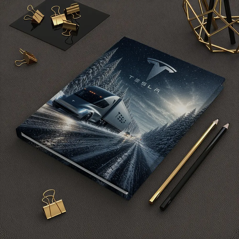 Tesla Semi Truck Driving Snowy Winter Road – Notebooks