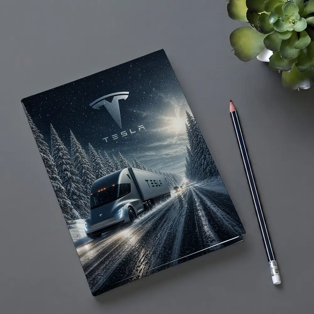 Tesla Semi Truck Driving Snowy Winter Road – Notebooks