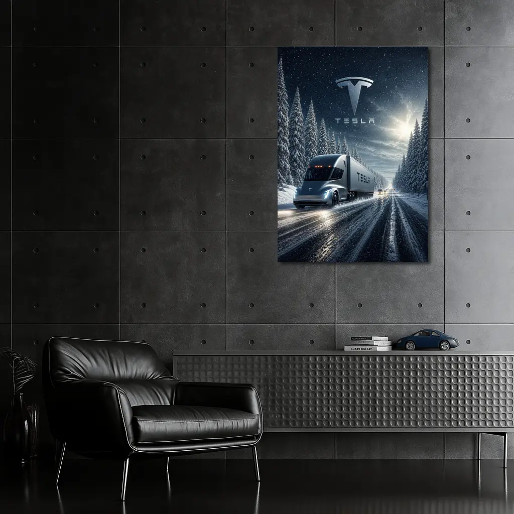 Tesla Semi Truck Driving Snowy Winter Road – Wall Art