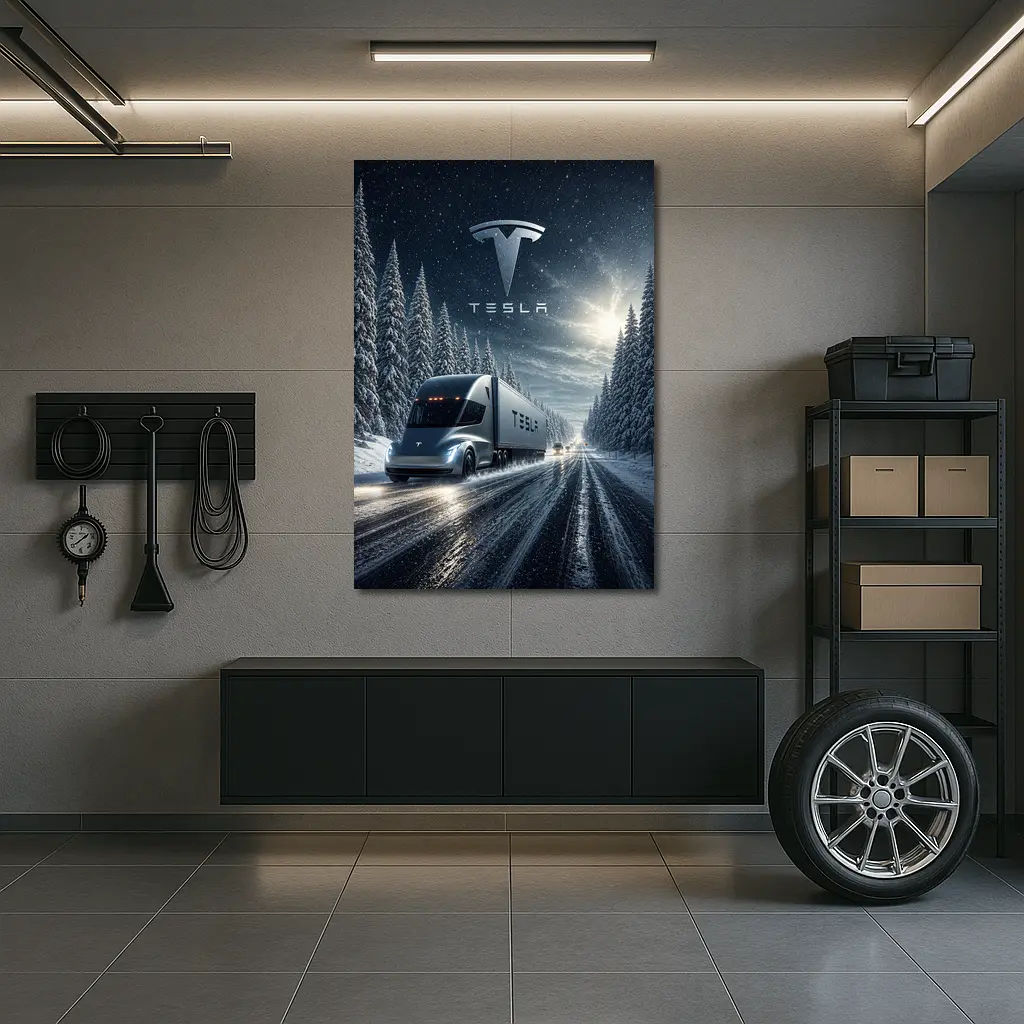 Tesla Semi Truck Driving Snowy Winter Road – Wall Art