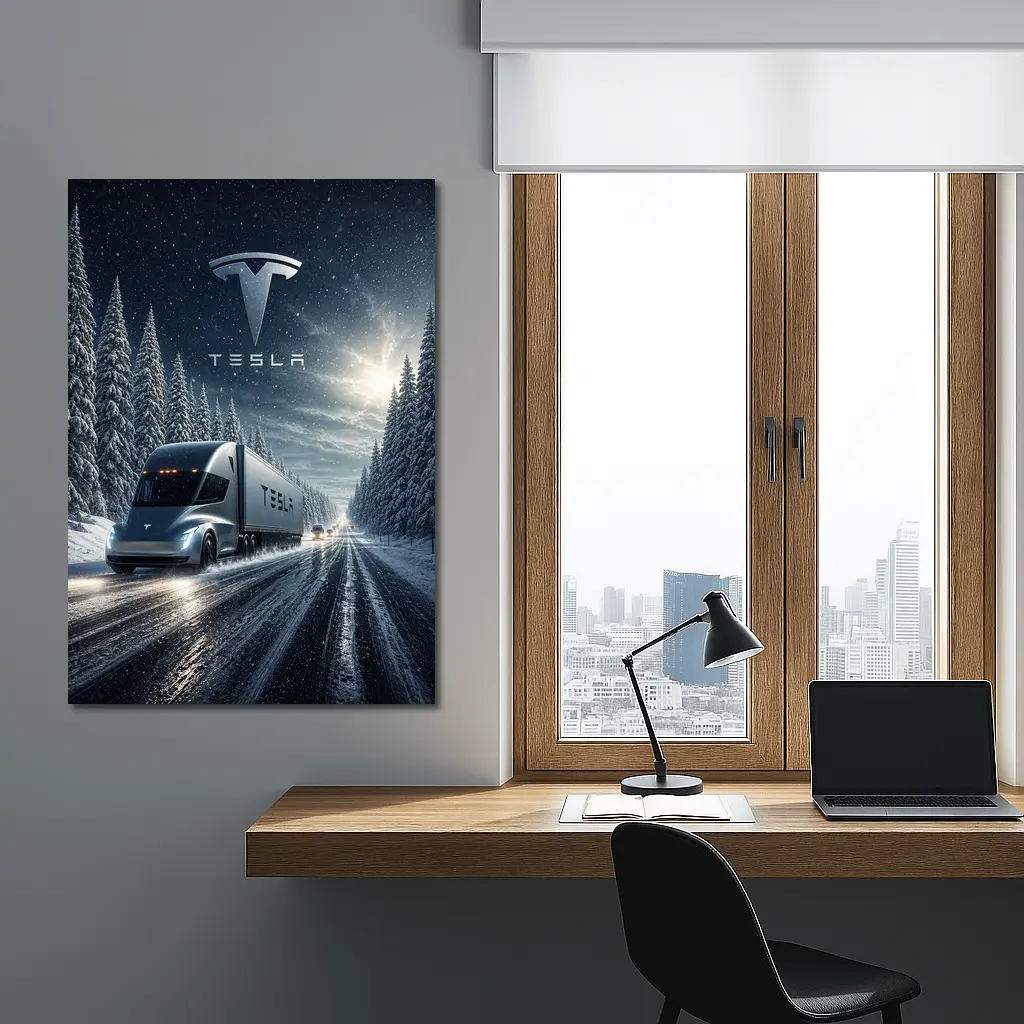 Tesla Semi Truck Driving Snowy Winter Road – Wall Art