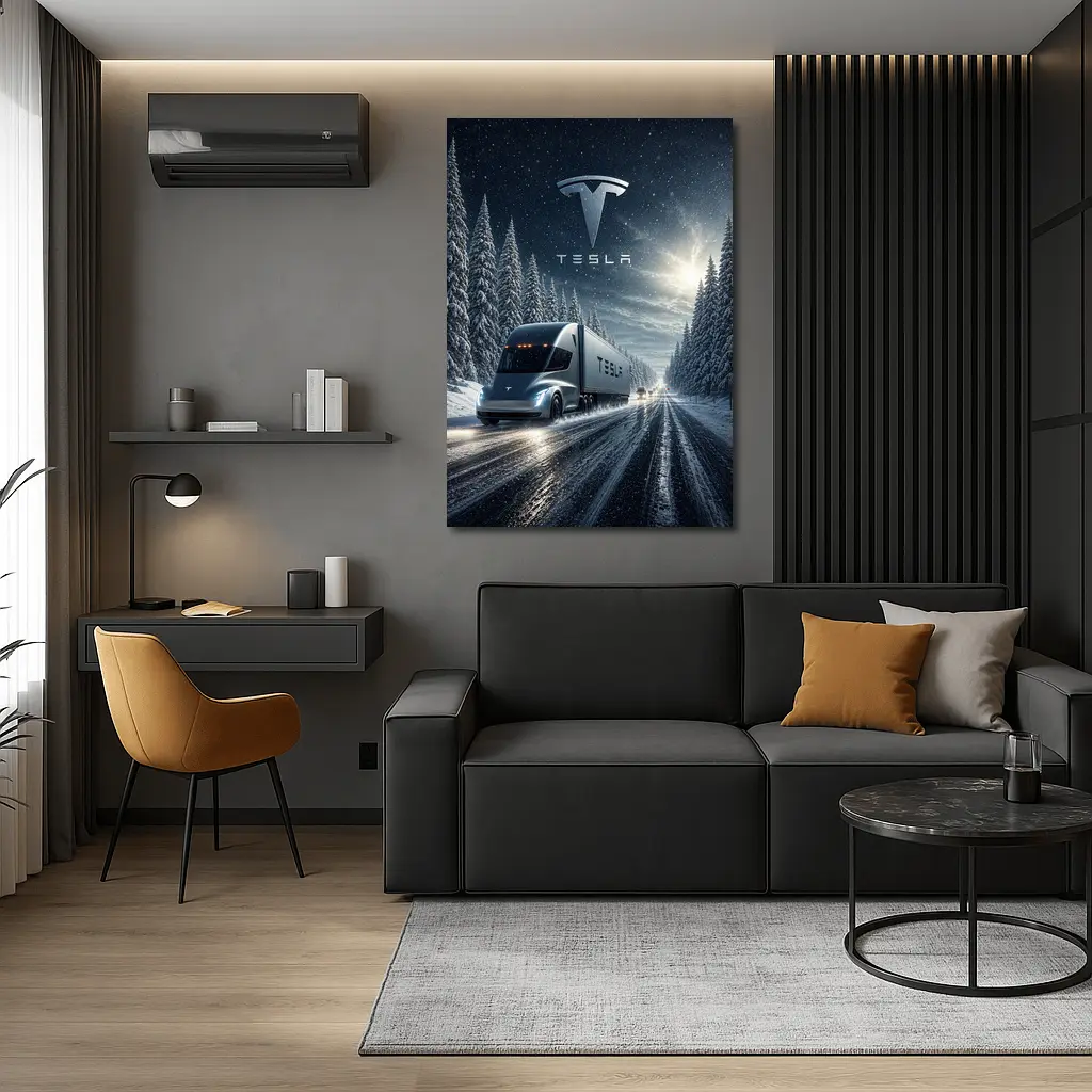 Tesla Semi Truck Driving Snowy Winter Road – Wall Art