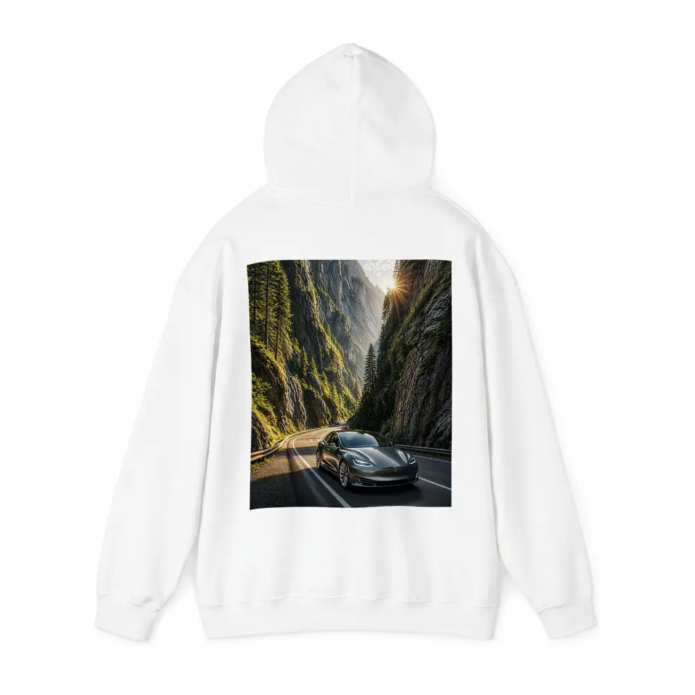 Tesla Model S Driving Through Mountain Canyon – Hoodies
