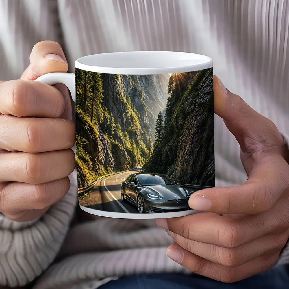 Tesla Model S Driving Through Mountain Canyon – Mugs