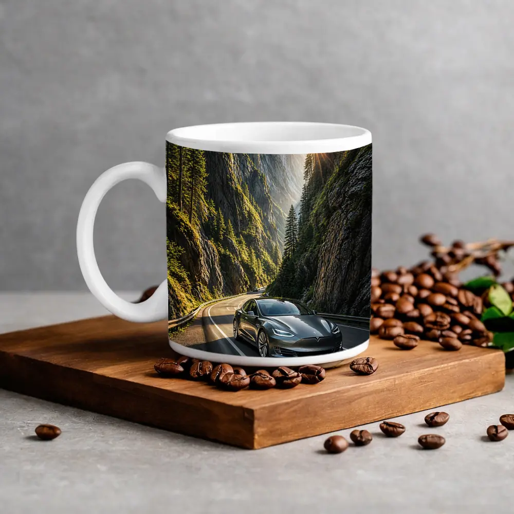 Tesla Model S Driving Through Mountain Canyon – Mugs