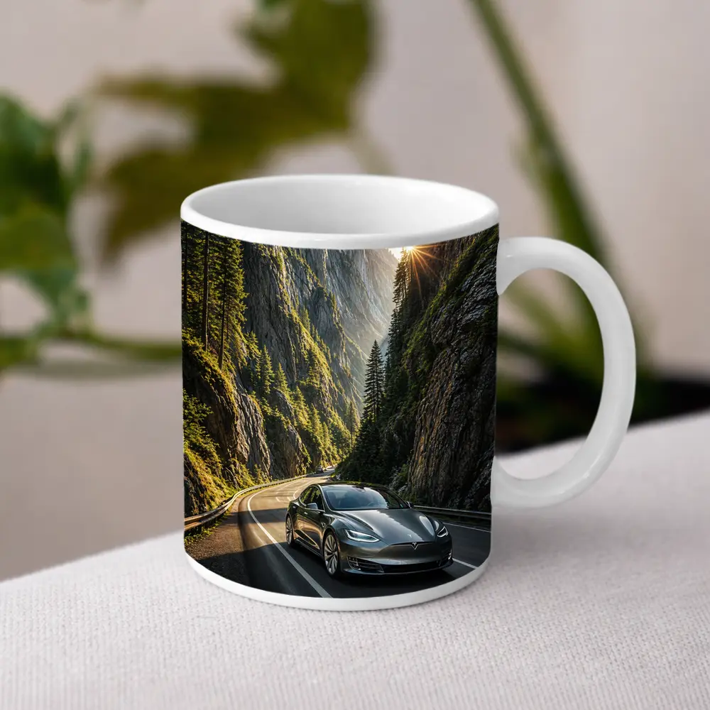Tesla Model S Driving Through Mountain Canyon – Mugs