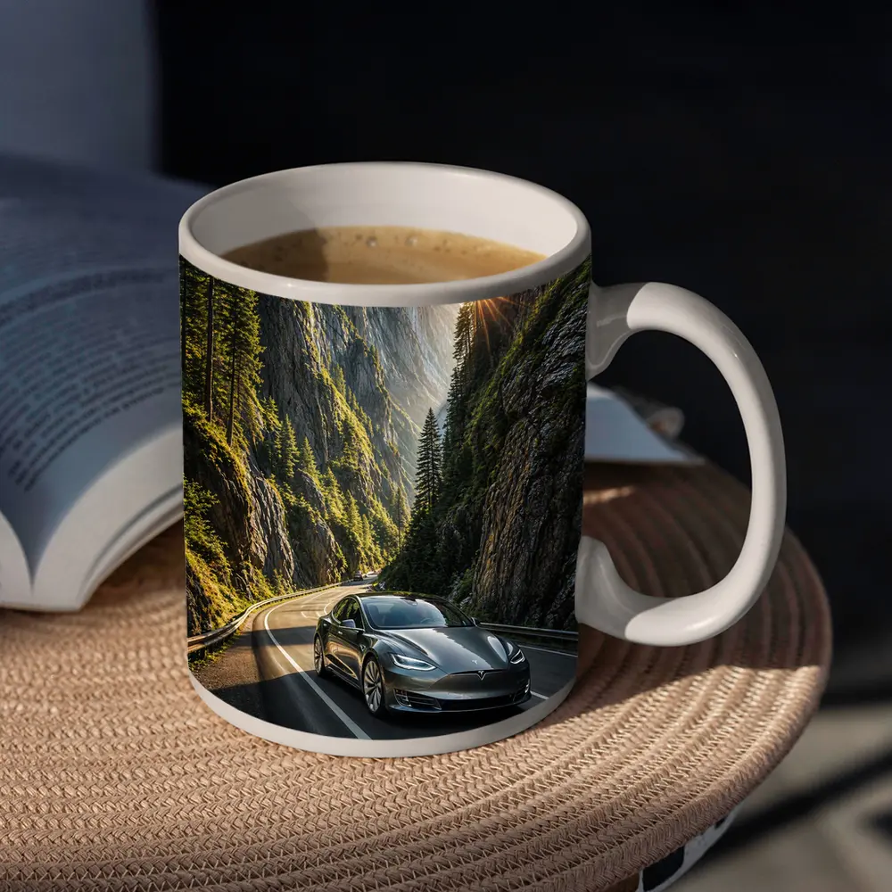 Tesla Model S Driving Through Mountain Canyon – Mugs