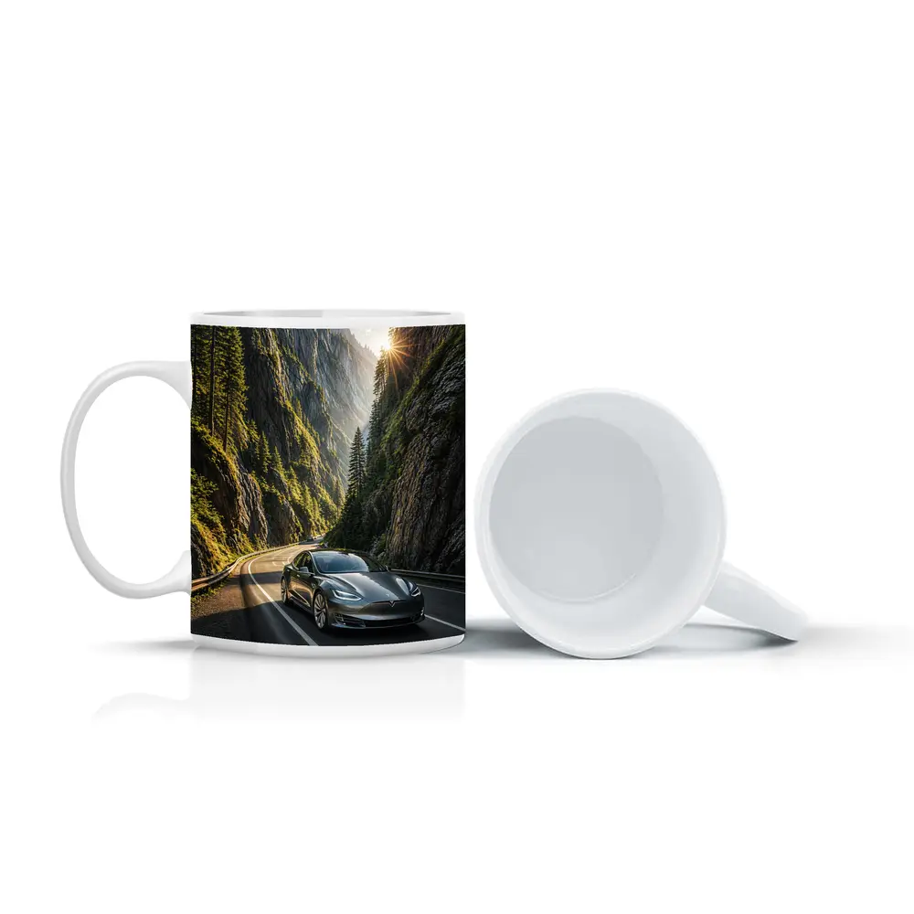 Tesla Model S Driving Through Mountain Canyon – Mugs