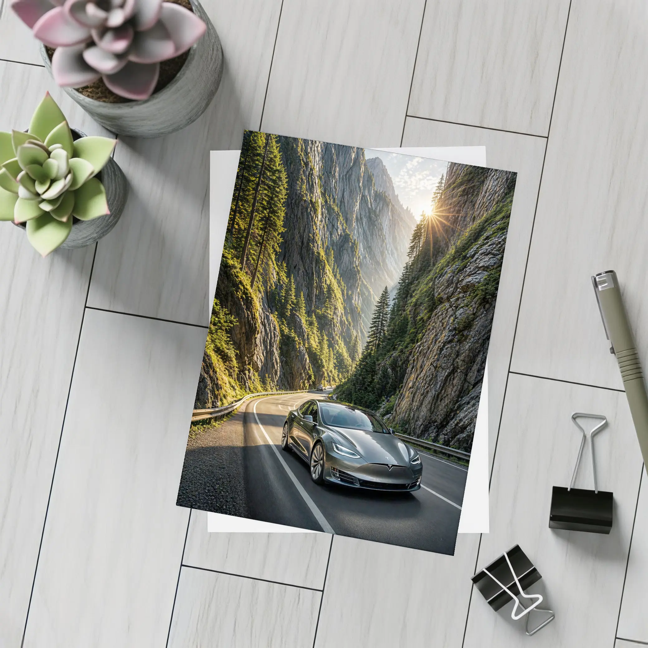 Tesla Model S Driving Through Mountain Canyon – Postcards