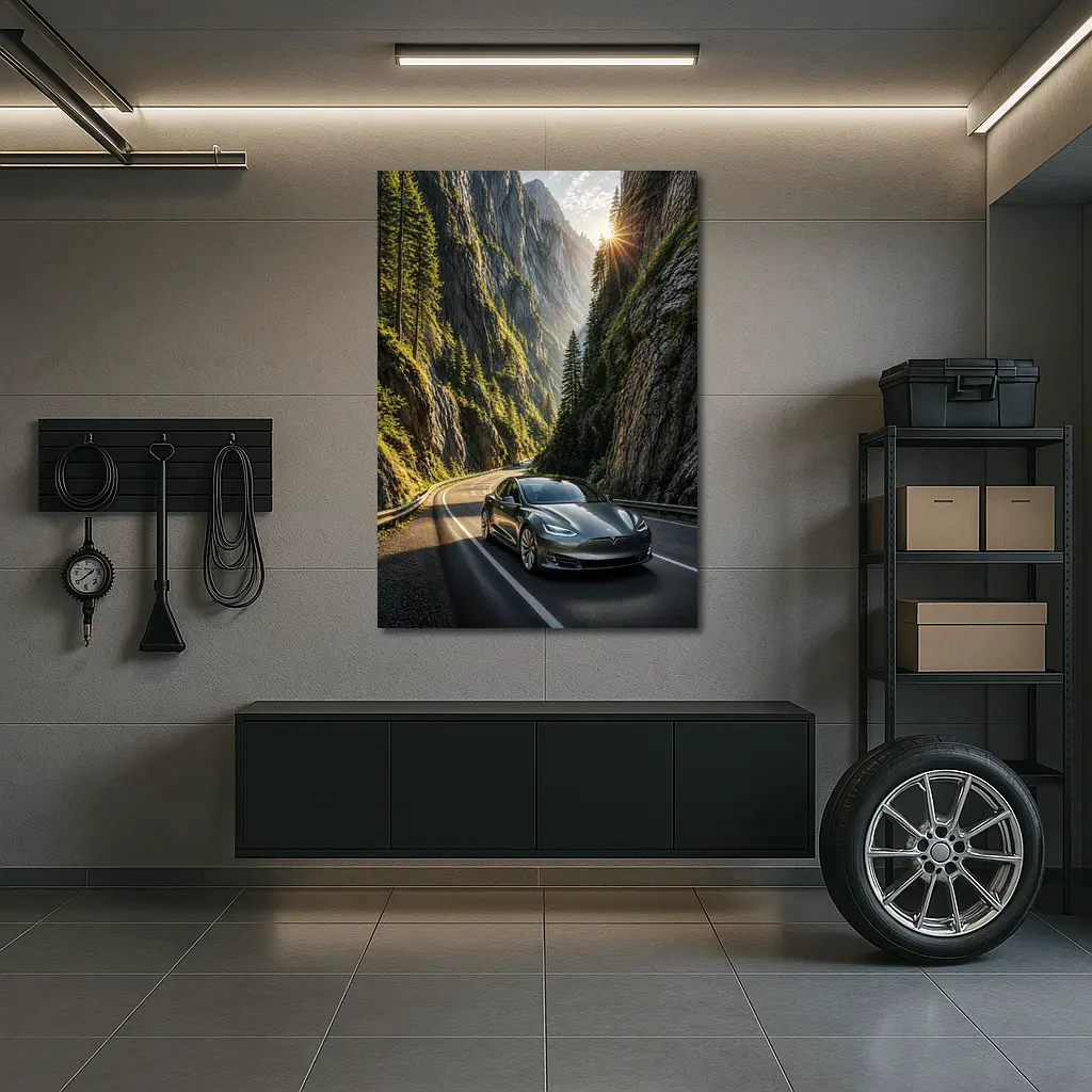 Tesla Model S Driving Through Mountain Canyon – Wall Art