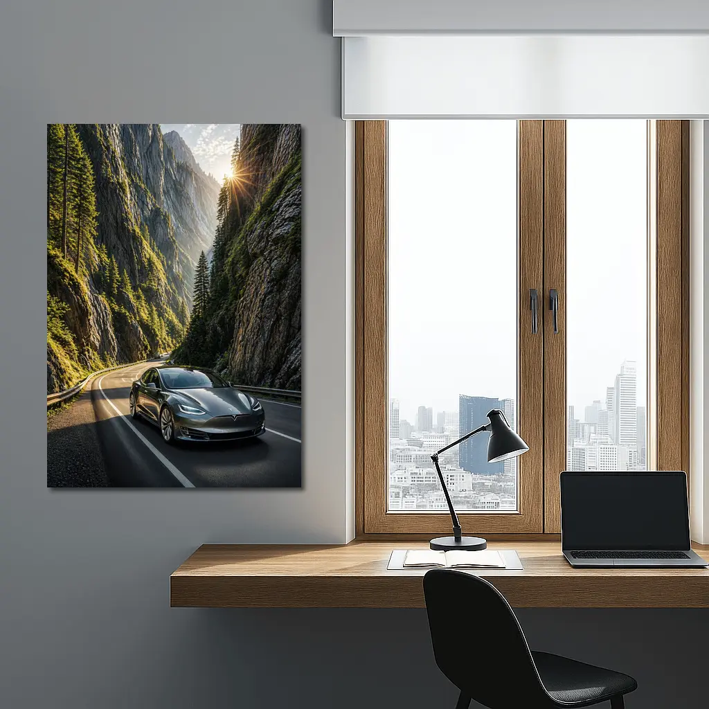 Tesla Model S Driving Through Mountain Canyon – Wall Art