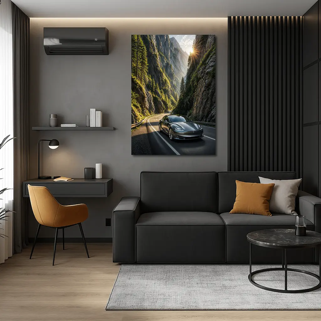 Tesla Model S Driving Through Mountain Canyon – Wall Art